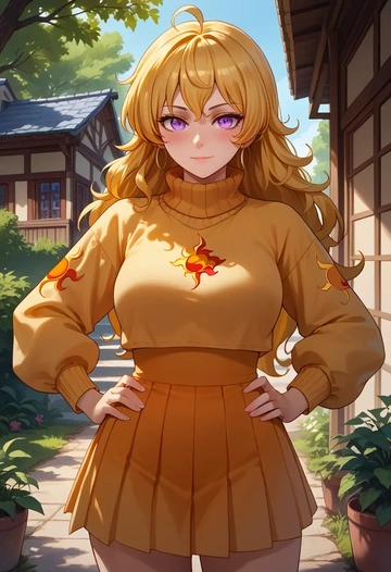 rwby,yang_xiao_long,sweater,cropped,pleated midi skirt  - AI generated anime art