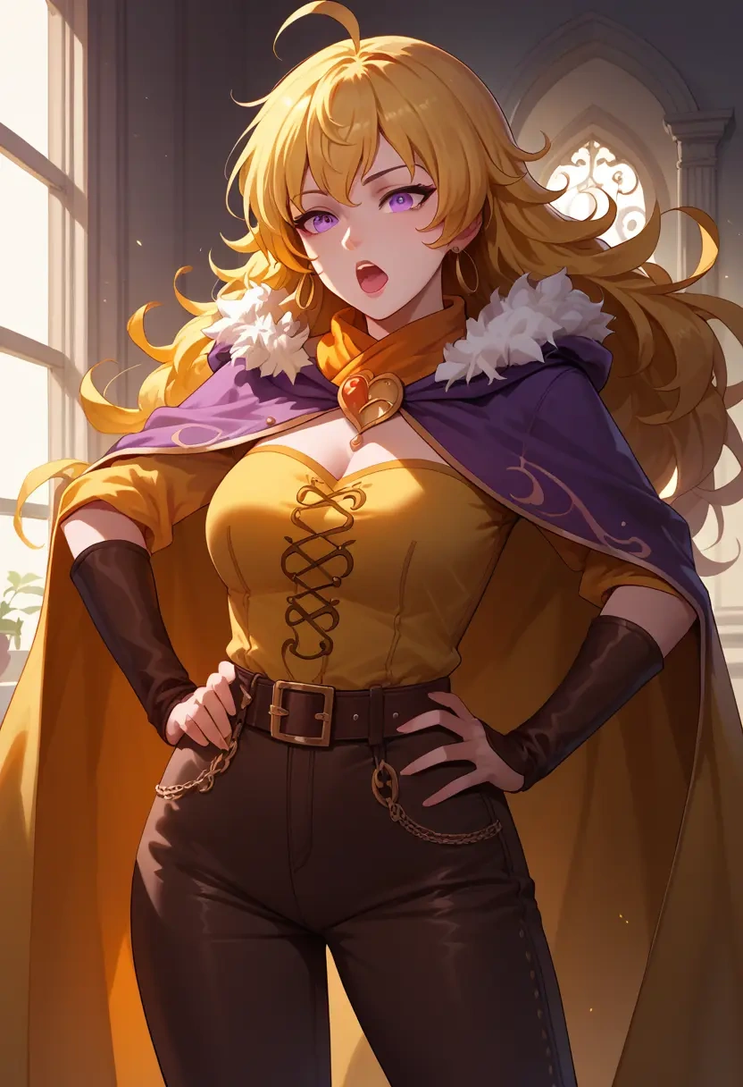 rwby,yang_xiao_long,cape,hooded,leather pants  - 