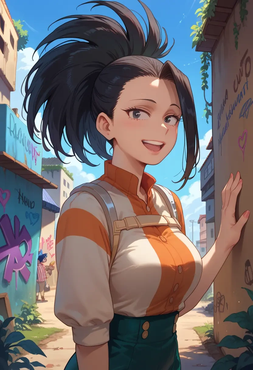 boku_no_hero_academia,yaoyorozu_momo,striped graffiti blouse,dolphin shorts  - 