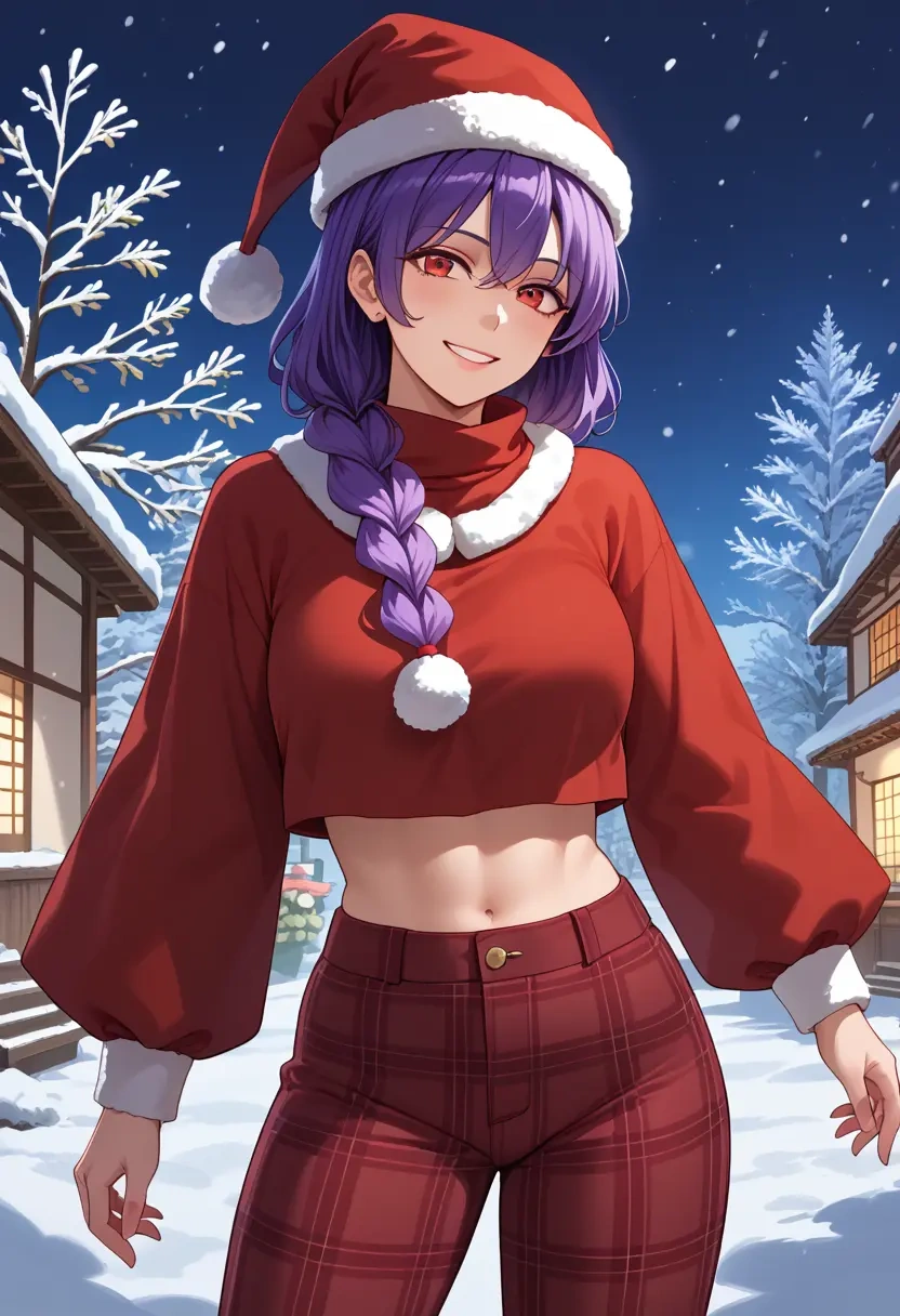 touhou,yasaka_kanako,Christmas,plaid trousers  - 