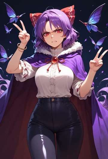 touhou,yasaka_kanako,cape,hooded,leather pants  - AI generated anime art