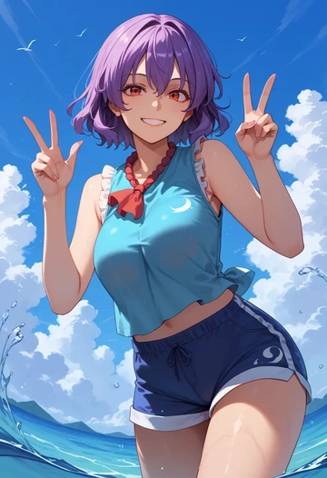 touhou,yasaka_kanako,sleeveless swim top,shorts-style bottom,contrast stitching  - AI generated anime art