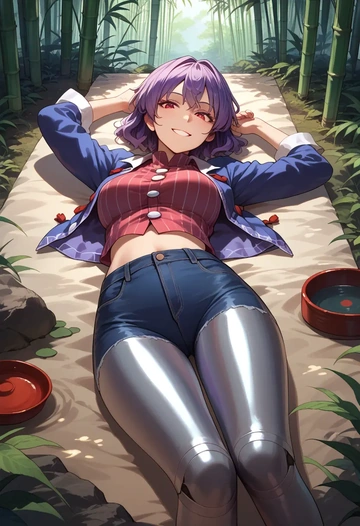 touhou,yasaka_kanako,denim jacket,cropped,leather leggings  - AI generated anime art