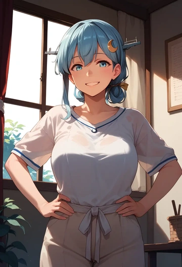 kantai_collection,yayoi_(kancolle),tie-dye shirt,dolphin shorts  - AI generated anime art