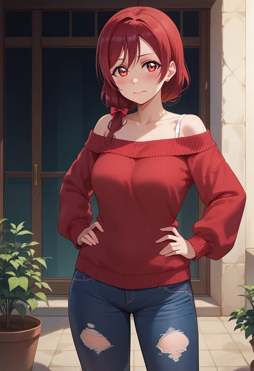 love_live,yazawa_nico,sweater,off-shoulder,ripped jeans  - 