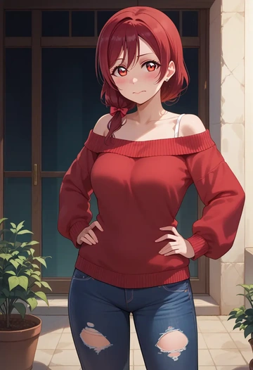 love_live,yazawa_nico,sweater,off-shoulder,ripped jeans  - AI generated anime art