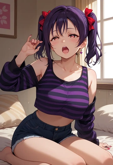 love_live,yazawa_nico,long-sleeve striped tee,pleated skirt,fishnet stockings  - AI generated anime art