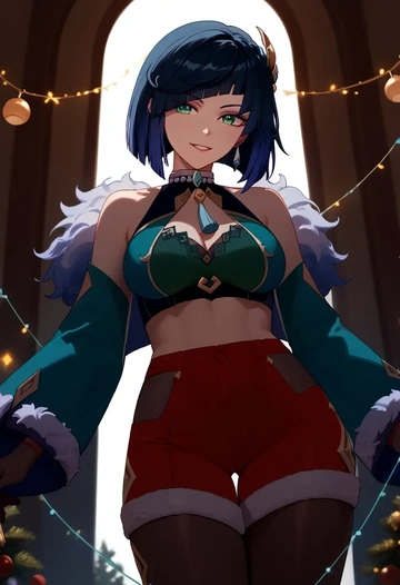 genshin impact,yelan_(genshin_impact),Christmas,red velvet shorts  - AI generated anime art