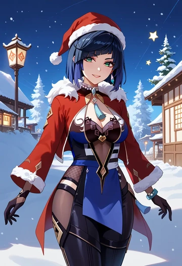 genshin impact,yelan_(genshin_impact),Christmas,plaid trousers  - AI generated anime art