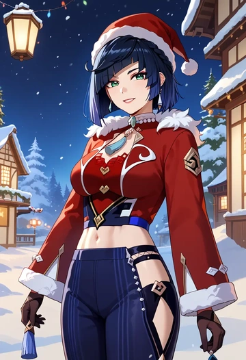 genshin impact,yelan_(genshin_impact),Christmas,plaid trousers  - AI generated anime art