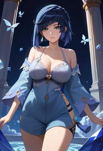 genshin impact,yelan_(genshin_impact),pajamas, low-waisted shorts  - AI generated anime art