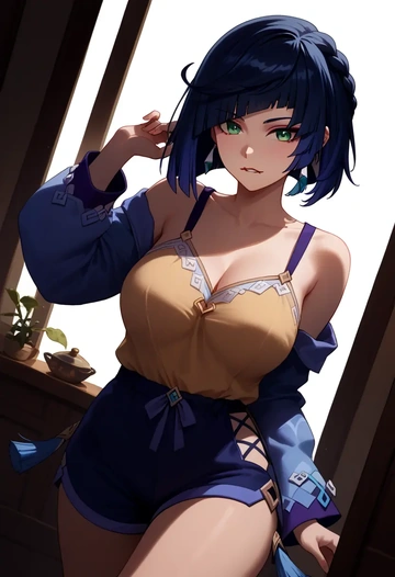 genshin impact,yelan_(genshin_impact),pajamas, low-waisted shorts  - AI generated anime art