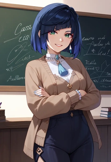 genshin impact,yelan_(genshin_impact),teacher, sweater  - AI generated anime art