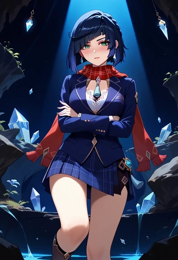 genshin impact,yelan_(genshin_impact),winter,student uniform,plaid skirt  - AI generated anime art