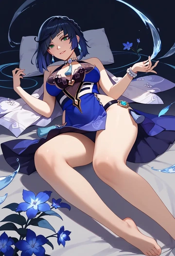 genshin impact,yelan_(genshin_impact),silk slip dress,floral prints  - AI generated anime art