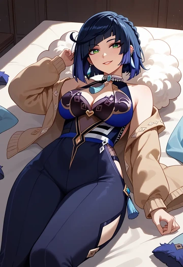 genshin impact,yelan_(genshin_impact),cardigan,oversized,wide-leg pants  - AI generated anime art