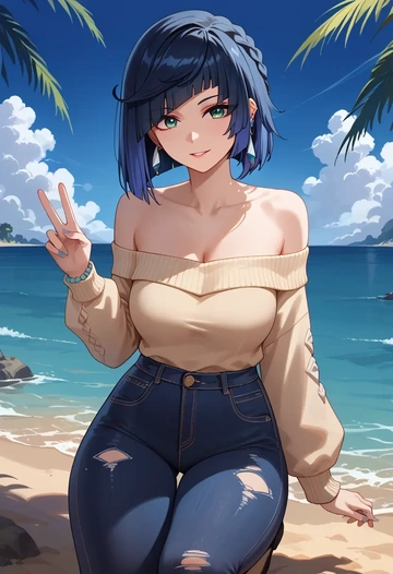 genshin impact,yelan_(genshin_impact),sweater,off-shoulder,ripped jeans  - AI generated anime art