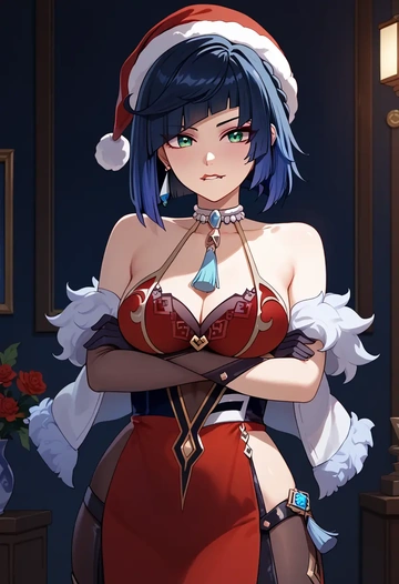 genshin impact,yelan_(genshin_impact),Christmas,red velvet dress  - AI generated anime art