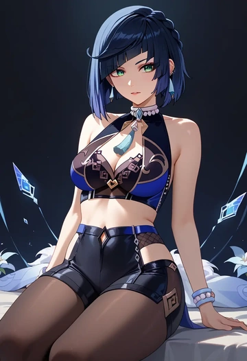 genshin impact,yelan_(genshin_impact),leather,shorts,crop top  - AI generated anime art