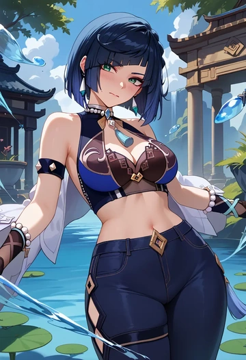 genshin impact,yelan_(genshin_impact),crop top  - AI generated anime art