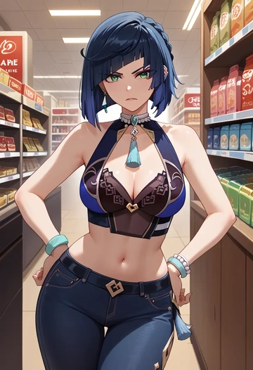 genshin impact,yelan_(genshin_impact),crop top  - AI generated anime art