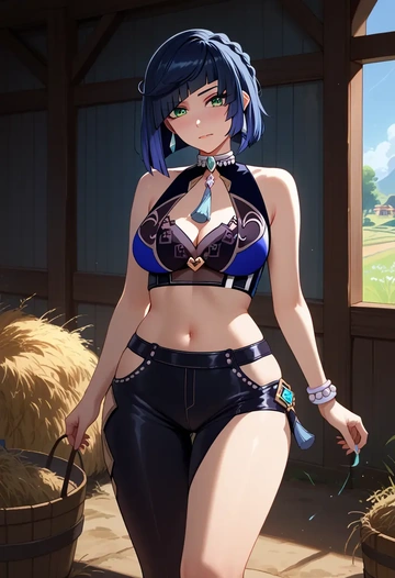 genshin impact,yelan_(genshin_impact),leather,shorts,crop top  - AI generated anime art