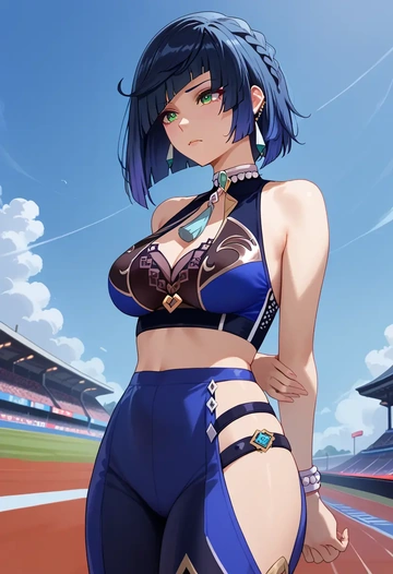 genshin impact,yelan_(genshin_impact),sports bra,wide-leg joggers  - AI generated anime art