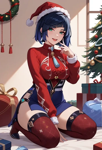 genshin impact,yelan_(genshin_impact),Christmas,sweater dress,stockings  - AI generated anime art