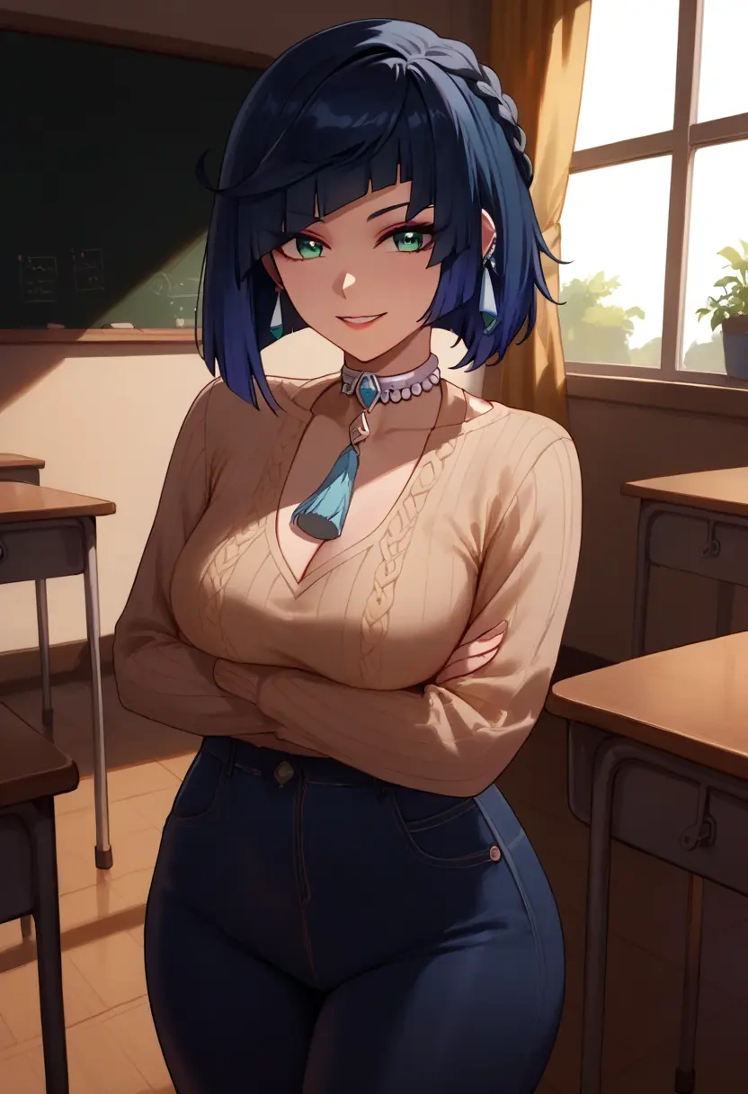 genshin impact,yelan_(genshin_impact),teacher, sweater, jeans shorts  - 