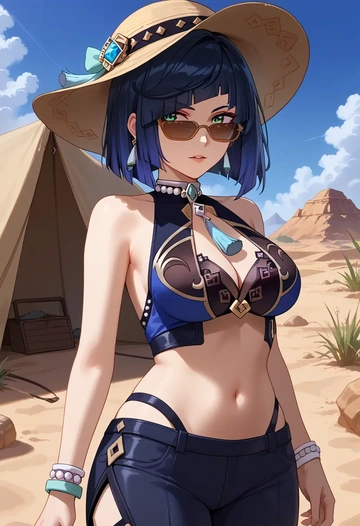 genshin impact,yelan_(genshin_impact),tent,desert  - AI generated anime art