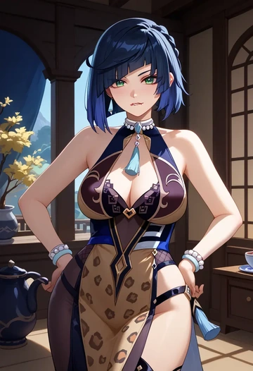 genshin impact,yelan_(genshin_impact),leopard print,silk slip dress  - AI generated anime art