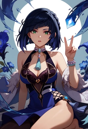 genshin impact,yelan_(genshin_impact),silk slip dress,floral prints  - AI generated anime art