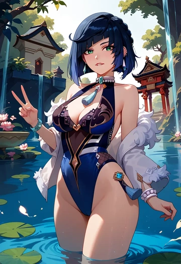 genshin impact,yelan_(genshin_impact),retro style swimsuit,frilled neckline,bow detail  - AI generated anime art