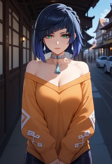 genshin impact,yelan_(genshin_impact),orange,sweater,choker  - AI generated anime art