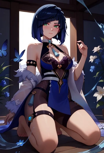 genshin impact,yelan_(genshin_impact),silk slip dress,floral prints  - AI generated anime art