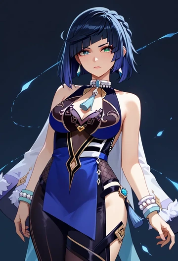 genshin impact,yelan_(genshin_impact),bodysuit,mesh,high-waisted skirt  - AI generated anime art