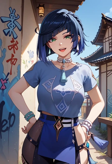 genshin impact,yelan_(genshin_impact),crop graffiti tee,dolphin shorts  - AI generated anime art