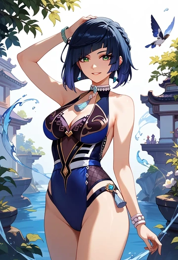 genshin impact,yelan_(genshin_impact),retro style swimsuit,frilled neckline,bow detail  - AI generated anime art