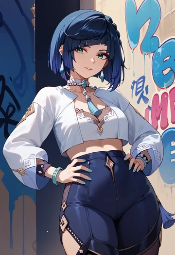 genshin impact,yelan_(genshin_impact),cropped graffiti sweatshirt,dolphin shorts  - AI generated anime art