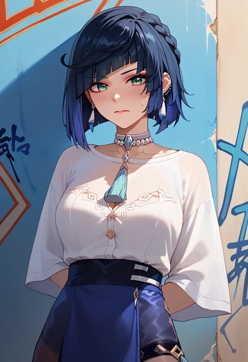 genshin impact,yelan_(genshin_impact),oversized graffiti shirt,dolphin shorts  - AI generated anime art