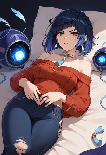 genshin impact,yelan_(genshin_impact),sweater,off-shoulder,ripped jeans  - AI generated anime art