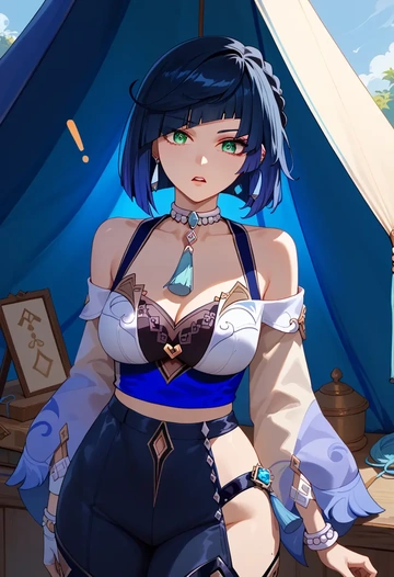 genshin impact,yelan_(genshin_impact),off-shoulder top,dolphin shorts  - AI generated anime art