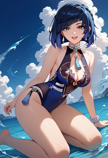 genshin impact,yelan_(genshin_impact),retro style swimsuit,frilled neckline,bow detail  - AI generated anime art