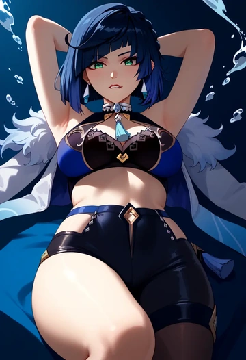 genshin impact,yelan_(genshin_impact),leather,shorts,crop top  - AI generated anime art