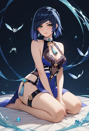 genshin impact,yelan_(genshin_impact),silk slip dress,polka dots  - AI generated anime art