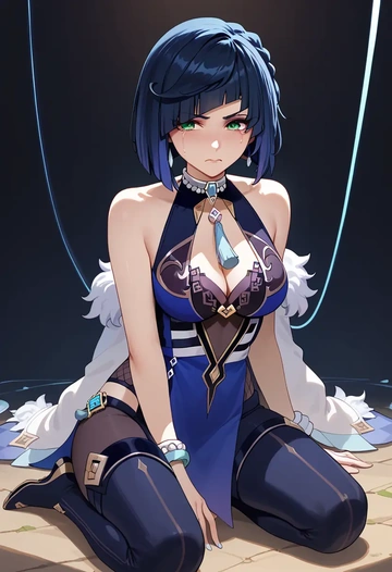 genshin impact,yelan_(genshin_impact),tube top,jogger shorts  - AI generated anime art