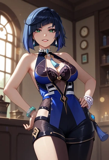 genshin impact,yelan_(genshin_impact),leather,shorts  - AI generated anime art