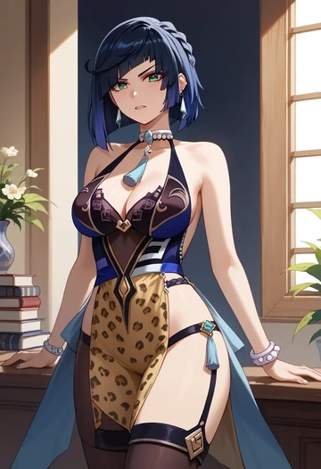 genshin impact,yelan_(genshin_impact),leopard print,silk slip dress  - AI generated anime art