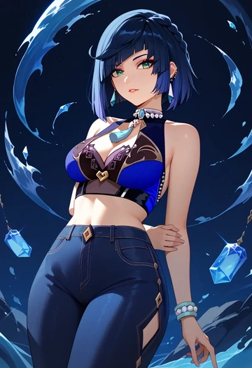 genshin impact,yelan_(genshin_impact),crop top  - AI generated anime art