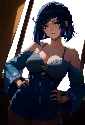 genshin impact,yelan_(genshin_impact),pajamas, low-waisted shorts  - AI generated anime art